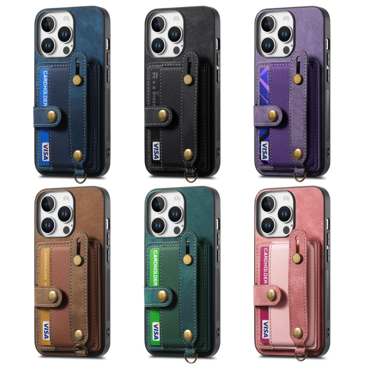 For iPhone 16e Retro Cross Wristband Wallet Leather Back Phone Case(Blue)