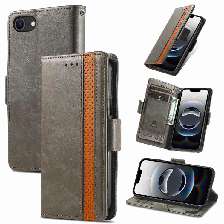 For iPhone 16e CaseNeo Splicing Dual Magnetic Buckle Leather Phone Case(Gray)