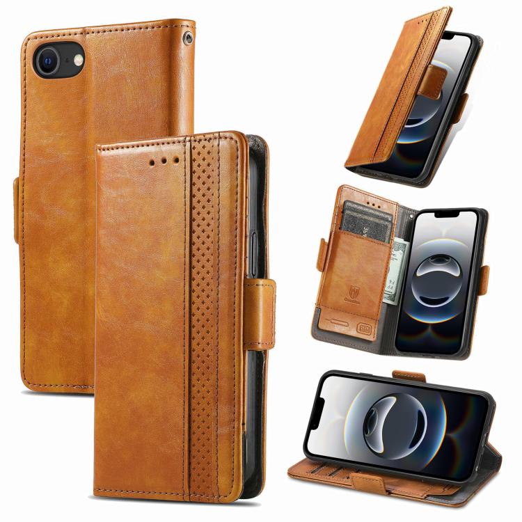 For iPhone 16e CaseNeo Splicing Dual Magnetic Buckle Leather Phone Case(Khaki)