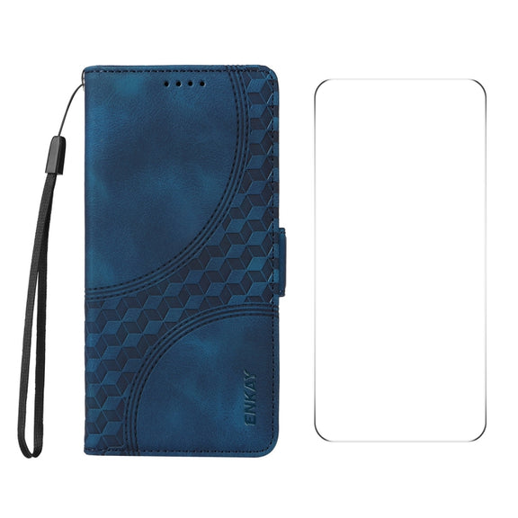 For iPhone 16 ENKAY Embossed Rhombus Starry Leather Phone Case with Screen Film(Blue)
