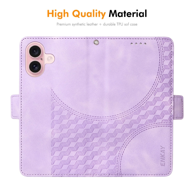 For iPhone 16 Plus ENKAY Embossed Rhombus Starry Leather Phone Case with Screen Film(Black)