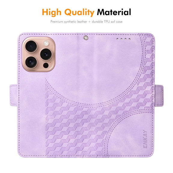 For iPhone 16 Pro ENKAY Embossed Rhombus Starry Leather Phone Case with Screen Film(Green)