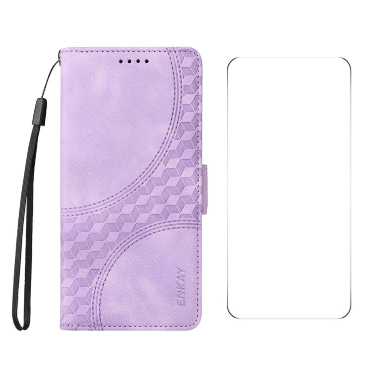 For iPhone 16 Pro ENKAY Embossed Rhombus Starry Leather Phone Case with Screen Film(Purple)