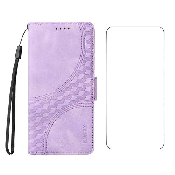For iPhone 16 Pro ENKAY Embossed Rhombus Starry Leather Phone Case with Screen Film(Purple)