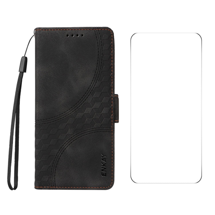 For iPhone 16e ENKAY Embossed Rhombus Starry Leather Phone Case with Screen Film(Black)