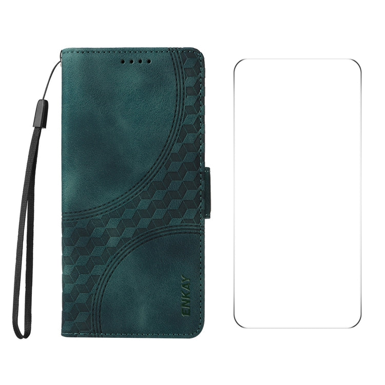 For iPhone 16e ENKAY Embossed Rhombus Starry Leather Phone Case with Screen Film(Green)