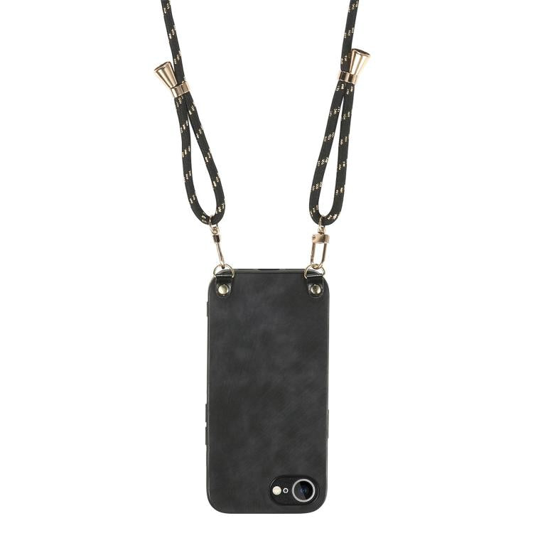 For  iPhone 16e Vintage Leather PC Back Cover Phone Case with Crossbody Strap(Black)
