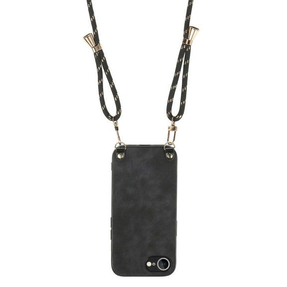 For  iPhone 16e Vintage Leather PC Back Cover Phone Case with Crossbody Strap(Black)