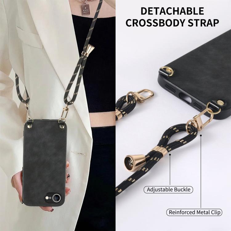 For  iPhone 16e Vintage Leather PC Back Cover Phone Case with Crossbody Strap(Black)
