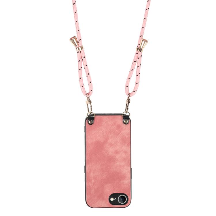 For  iPhone 16e Vintage Leather PC Back Cover Phone Case with Crossbody Strap(Pink)