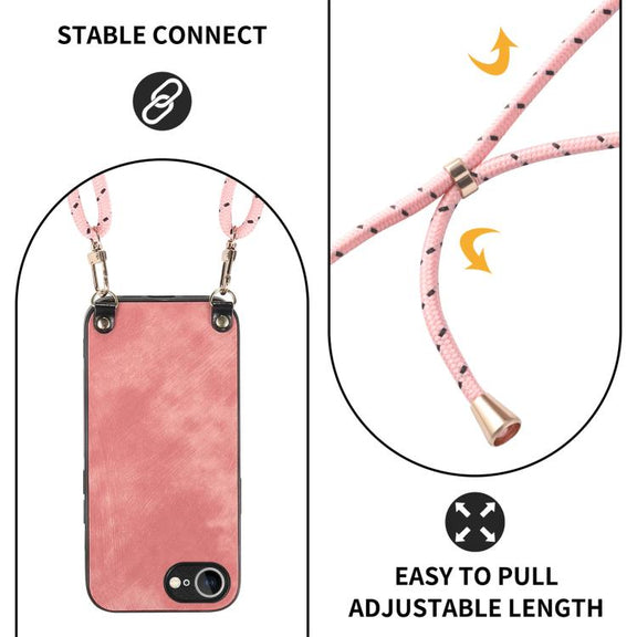 For  iPhone 16e Vintage Leather PC Back Cover Phone Case with Crossbody Strap(Pink)