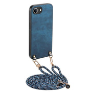 For  iPhone 16e Vintage Leather PC Back Cover Phone Case with Crossbody Strap(Blue)