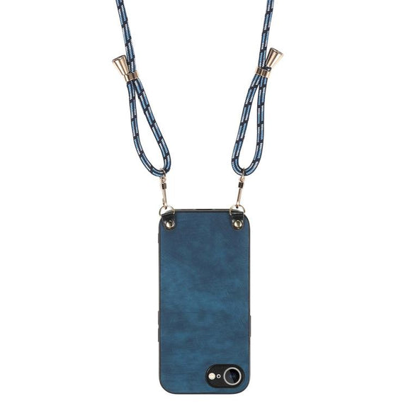 For  iPhone 16e Vintage Leather PC Back Cover Phone Case with Crossbody Strap(Blue)