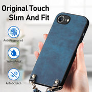 For  iPhone 16e Vintage Leather PC Back Cover Phone Case with Crossbody Strap(Blue)