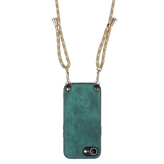 For  iPhone 16e Vintage Leather PC Back Cover Phone Case with Crossbody Strap(Green)
