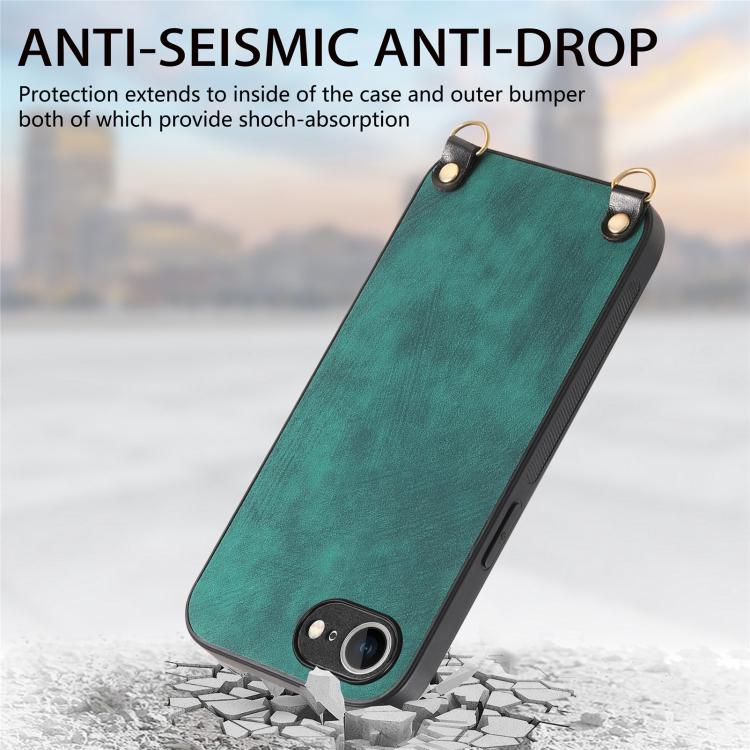 For  iPhone 16e Vintage Leather PC Back Cover Phone Case with Crossbody Strap(Green)