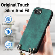 For  iPhone 16e Vintage Leather PC Back Cover Phone Case with Crossbody Strap(Green)