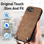 For  iPhone 16e Vintage Leather PC Back Cover Phone Case with Crossbody Strap(Brown)