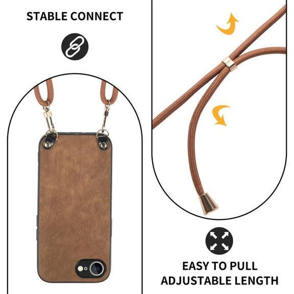 For  iPhone 16e Vintage Leather PC Back Cover Phone Case with Crossbody Strap(Brown)