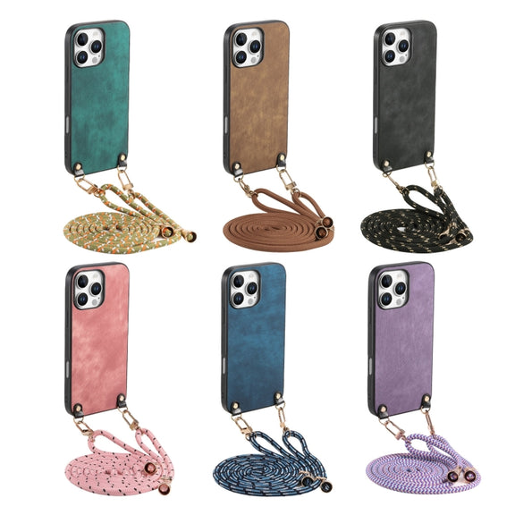 For  iPhone 16e Vintage Leather PC Back Cover Phone Case with Crossbody Strap(Pink)