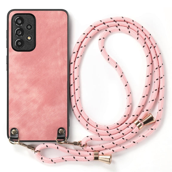 For Samsung Galaxy S25+ 5G Vintage Leather PC Back Cover Phone Case with Crossbody Strap(Pink)