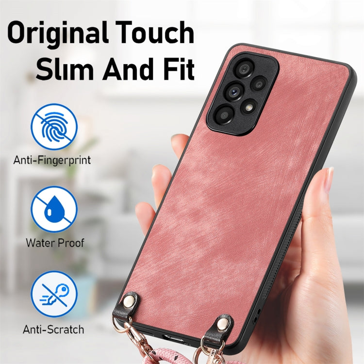 For Samsung Galaxy S25 Ultra 5G Vintage Leather PC Back Cover Phone Case with Crossbody Strap(Pink)
