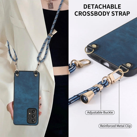 For Samsung Galaxy S25 Ultra 5G Vintage Leather PC Back Cover Phone Case with Crossbody Strap(Blue)