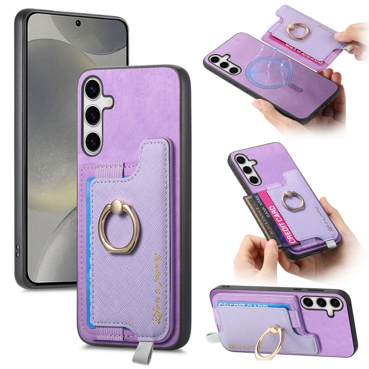 For Samsung Galaxy S25 5G Retro Cross Leather Ring Horizontal Insert Card Bag MagSafe Phone Case(Purple)