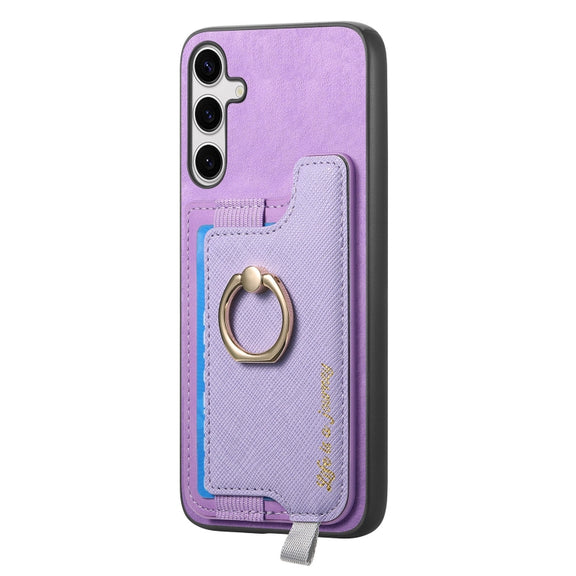 For Samsung Galaxy S25 5G Retro Cross Leather Ring Horizontal Insert Card Bag MagSafe Phone Case(Purple)