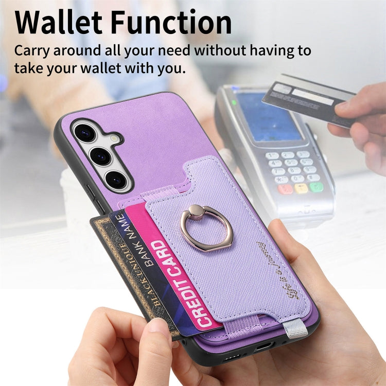 For Samsung Galaxy S25 5G Retro Cross Leather Ring Horizontal Insert Card Bag MagSafe Phone Case(Purple)