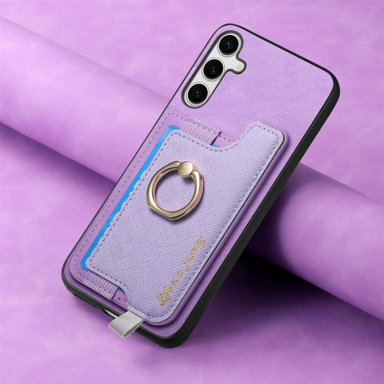 For Samsung Galaxy S25 5G Retro Cross Leather Ring Horizontal Insert Card Bag MagSafe Phone Case(Purple)