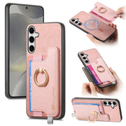For Samsung Galaxy S25+ 5G Retro Cross Leather Ring Horizontal Insert Card Bag MagSafe Phone Case(Pink)