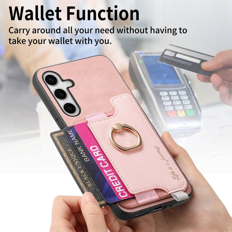 For Samsung Galaxy S25+ 5G Retro Cross Leather Ring Horizontal Insert Card Bag MagSafe Phone Case(Pink)