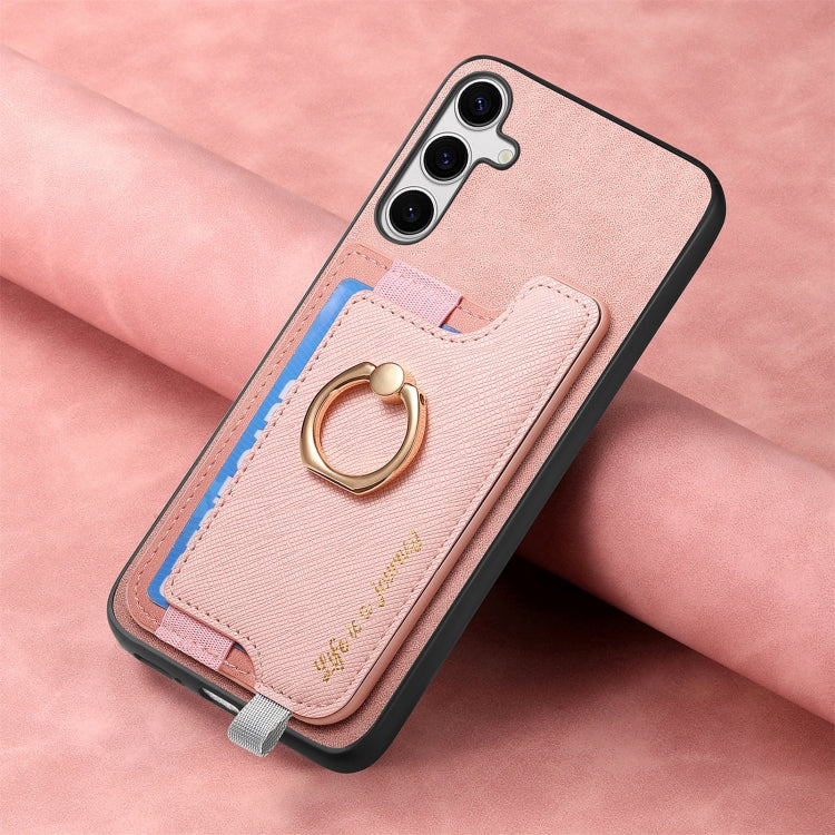 For Samsung Galaxy S25+ 5G Retro Cross Leather Ring Horizontal Insert Card Bag MagSafe Phone Case(Pink)