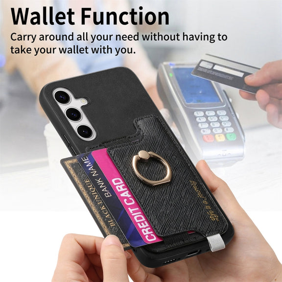For Samsung Galaxy S25+ 5G Retro Cross Leather Ring Horizontal Insert Card Bag MagSafe Phone Case(Black)