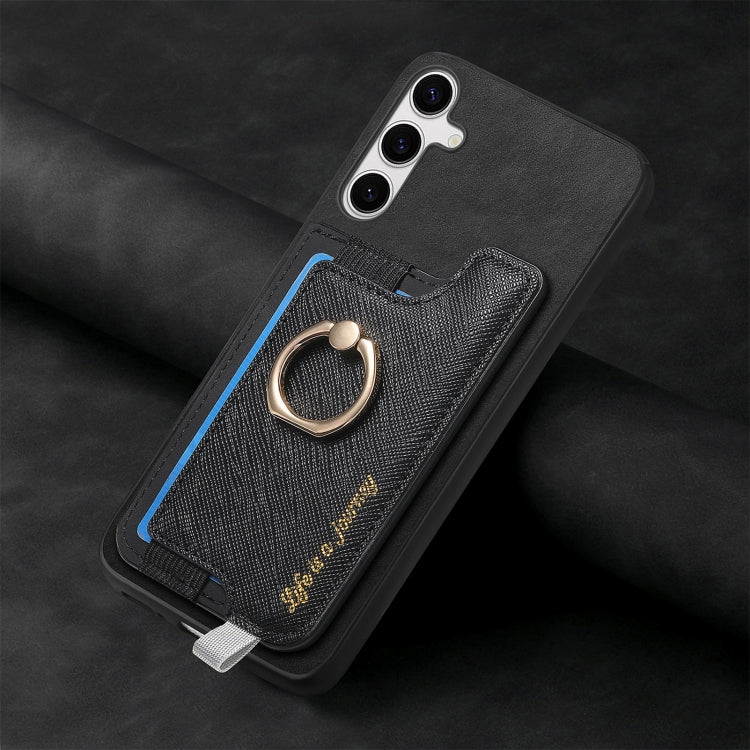 For Samsung Galaxy S25+ 5G Retro Cross Leather Ring Horizontal Insert Card Bag MagSafe Phone Case(Black)