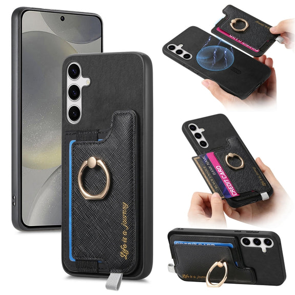 For Samsung Galaxy S25+ 5G Retro Cross Leather Ring Horizontal Insert Card Bag MagSafe Phone Case(Black)