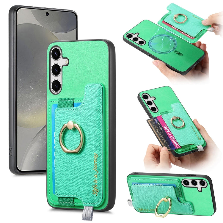 For Samsung Galaxy S25 Ultra 5G Retro Cross Leather Ring Horizontal Insert Card Bag MagSafe Phone Case(Green)