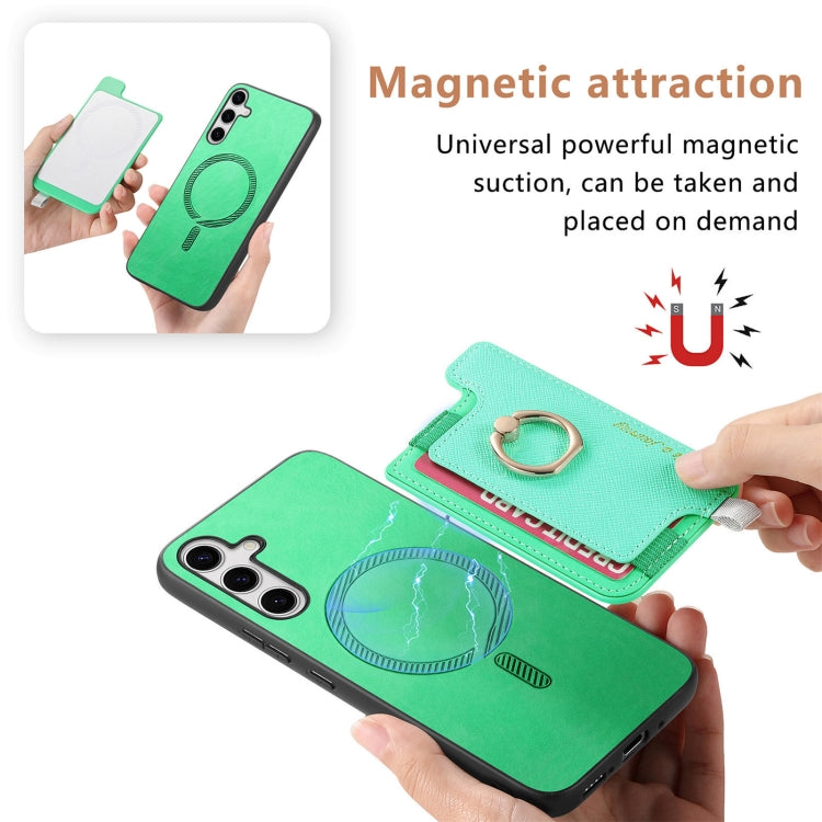 For Samsung Galaxy S25 Ultra 5G Retro Cross Leather Ring Horizontal Insert Card Bag MagSafe Phone Case(Green)