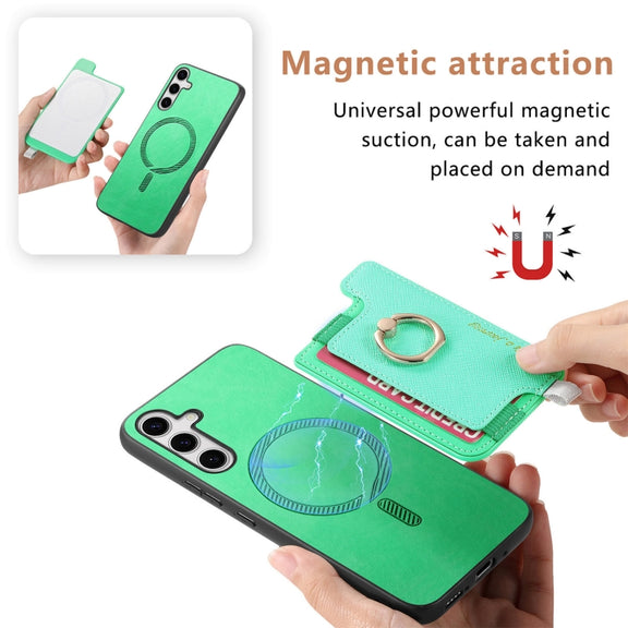 For Samsung Galaxy S25 Ultra 5G Retro Cross Leather Ring Horizontal Insert Card Bag MagSafe Phone Case(Green)