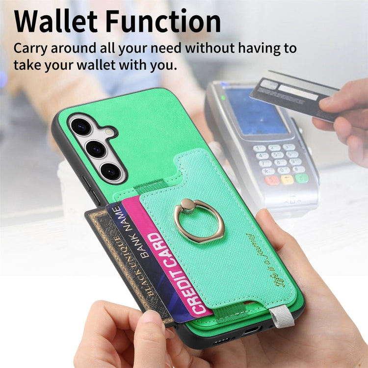 For Samsung Galaxy S25 Ultra 5G Retro Cross Leather Ring Horizontal Insert Card Bag MagSafe Phone Case(Green)