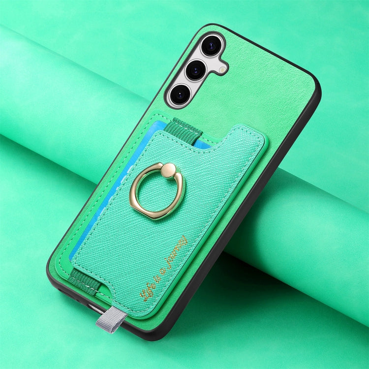 For Samsung Galaxy S25 Ultra 5G Retro Cross Leather Ring Horizontal Insert Card Bag MagSafe Phone Case(Green)