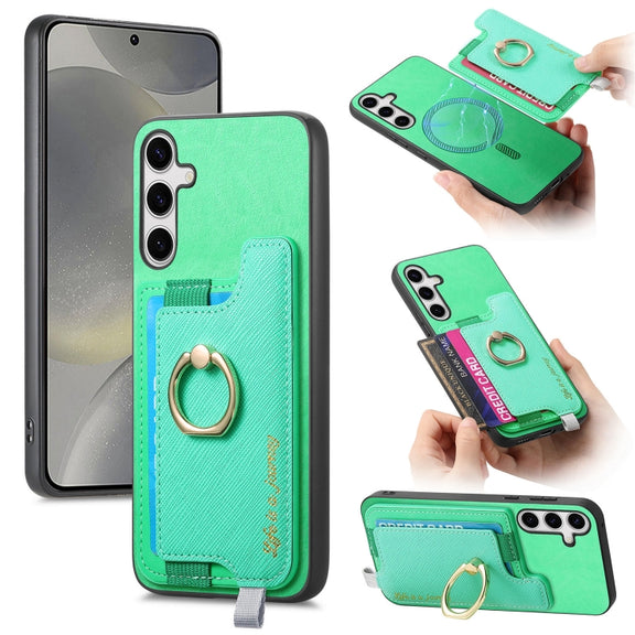 For Samsung Galaxy S25 Ultra 5G Retro Cross Leather Ring Horizontal Insert Card Bag MagSafe Phone Case(Green)