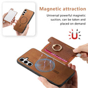 For Samsung Galaxy S25 Ultra 5G Retro Cross Leather Ring Horizontal Insert Card Bag MagSafe Phone Case(Brown)