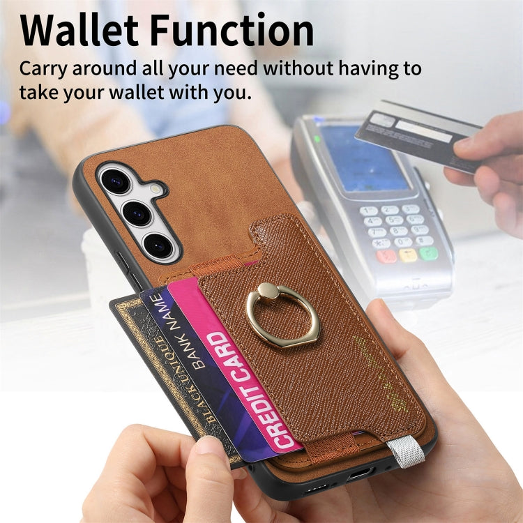 For Samsung Galaxy S25 Ultra 5G Retro Cross Leather Ring Horizontal Insert Card Bag MagSafe Phone Case(Brown)