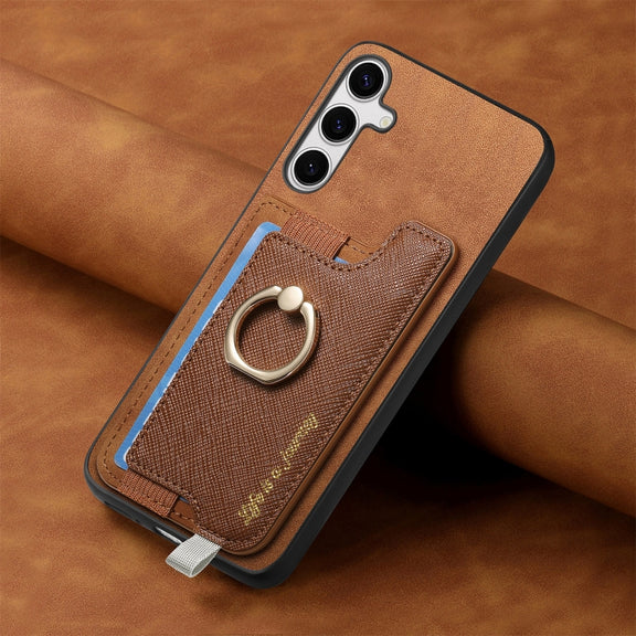 For Samsung Galaxy S25 Ultra 5G Retro Cross Leather Ring Horizontal Insert Card Bag MagSafe Phone Case(Brown)
