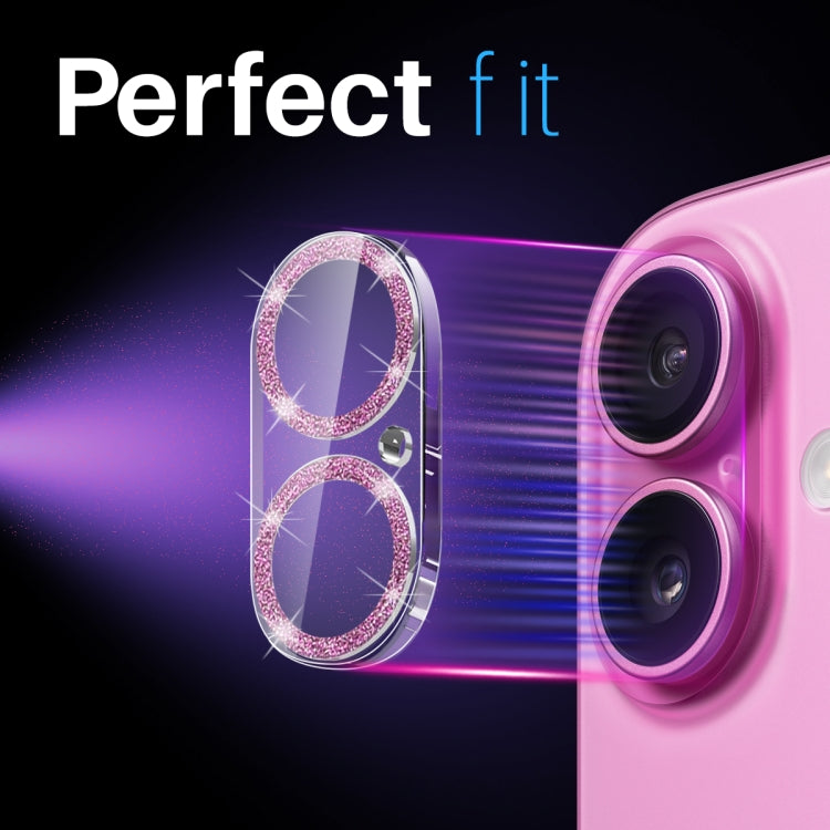 For iPhone 16 / 16 Plus NORTHJO Camera Lens Protector Glitter Ring 3D Tempered Glass Film(Pink)