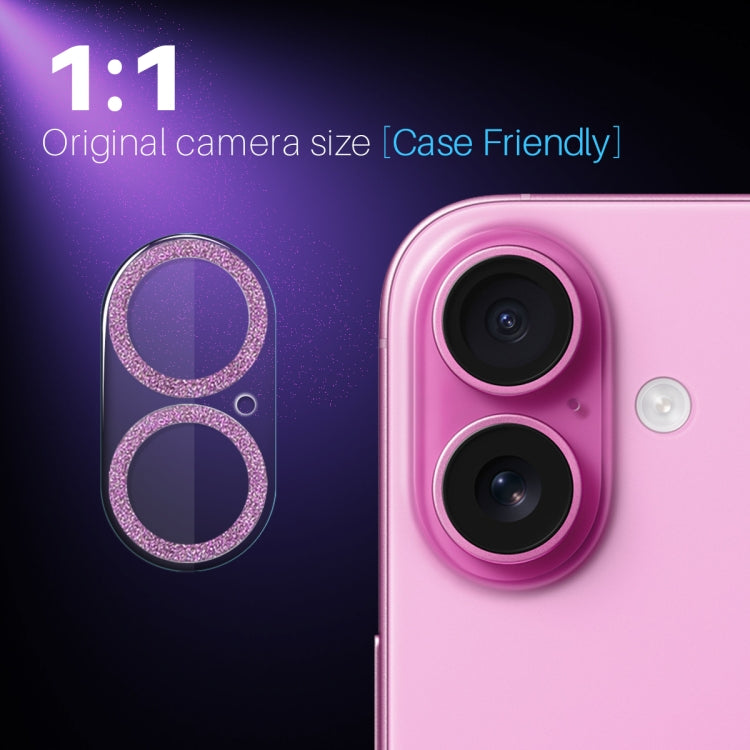 For iPhone 16 / 16 Plus NORTHJO Camera Lens Protector Glitter Ring 3D Tempered Glass Film(Pink)