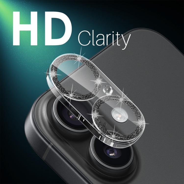For iPhone 16 / 16 Plus NORTHJO Camera Lens Protector Glitter Ring 3D Tempered Glass Film(Black)