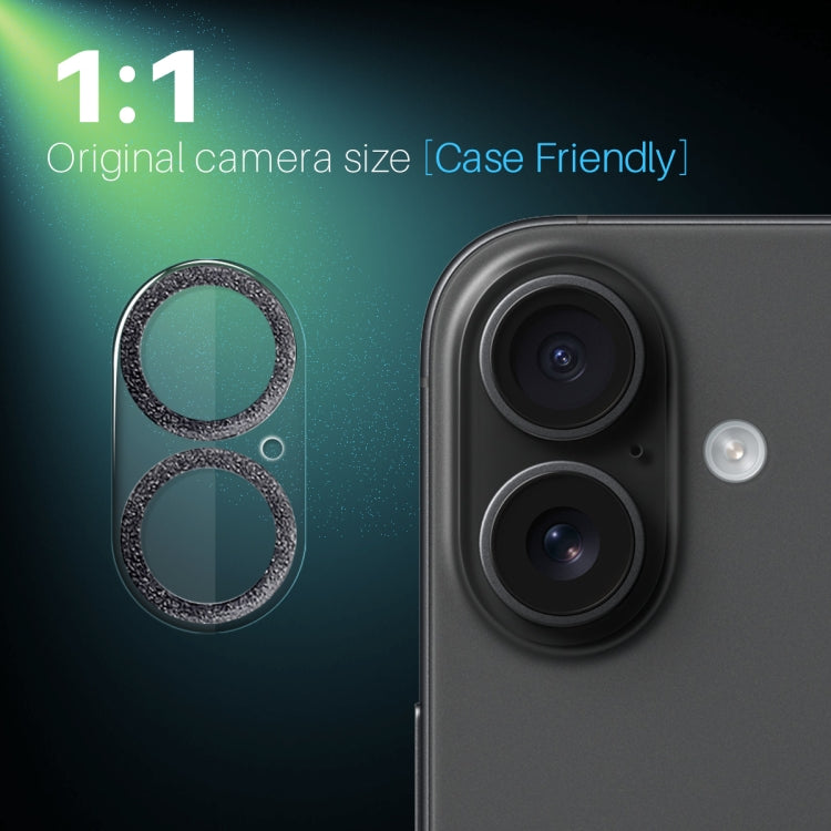 For iPhone 16 / 16 Plus NORTHJO Camera Lens Protector Glitter Ring 3D Tempered Glass Film(Black)
